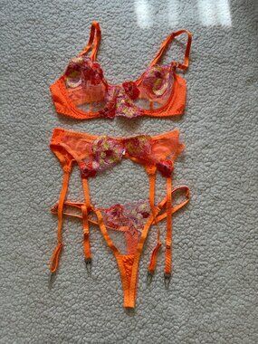 neon orange floral 3 piece lingerie set